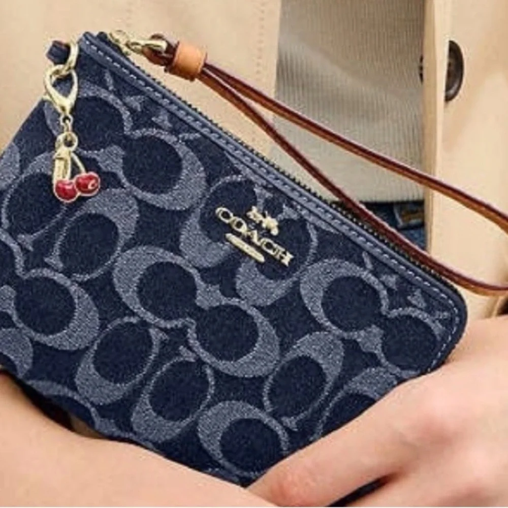 Coach Signature Denim Corner Zip Wristlet with Cherry Charm NWT